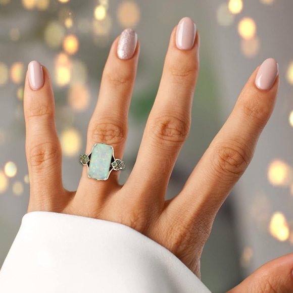 RESTOCK New Vintage Style Fire Opal Rectangular Cocktail Ring -Silver Opal Retro - Picture 15 of 16